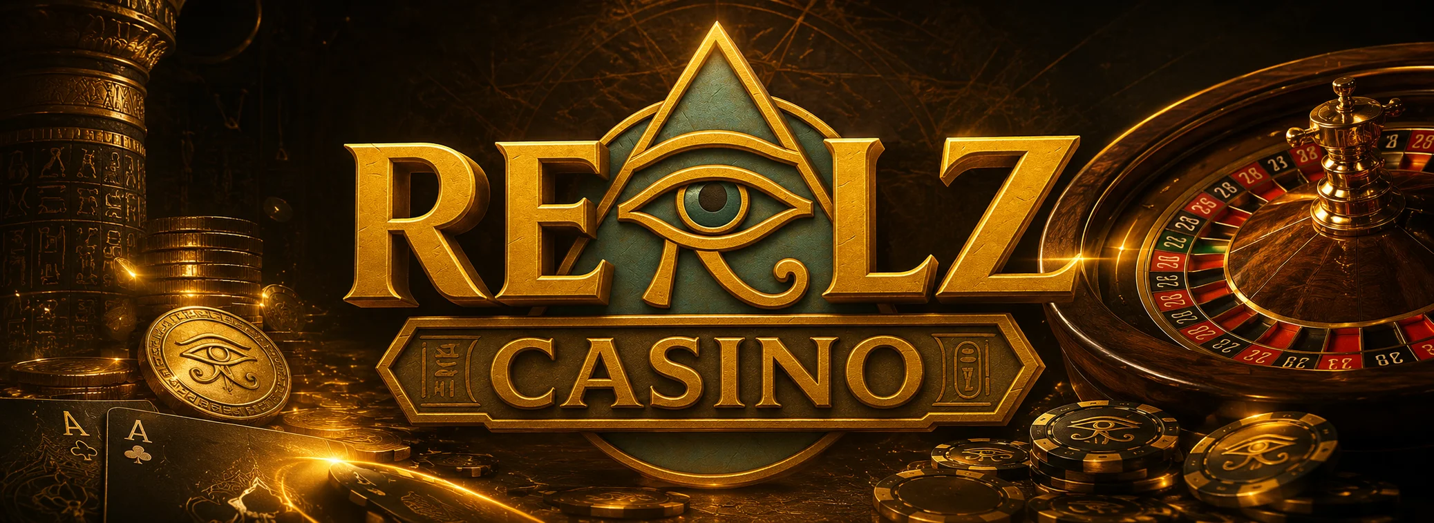 Banner di Realz Casino Italia con Occhio di Horus, piramide dorata e bonus da €500 con 200 giri gratis